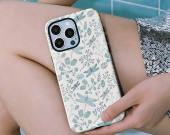 Floral and dragonfly design phone case, with iPhone 17, 16, 15, 14, 13, 12, 11, Pro Max, and Samsung Galaxy S25, S24, S23, S22, S21.