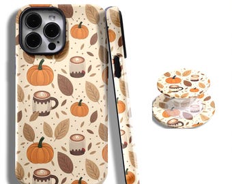 Fall Coffee iPhone Case with Autumn Leaves, Acorns Pattern and Magnetic Phone Grip for iPhone 17, 16, 15, 14, 13, 12, and 11 Pro Max Plus