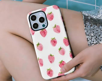 Watercolor Summer Strawberries Phone Case with iPhone 17, 16, 15, 14, 13, 12, 11 Pro Max, and Samsung Galaxy S23, S22, S21, S20 Ultra.