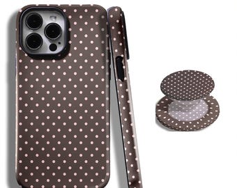 Pink And Brown Polka Dot Case, Cute Trendy Aesthetic, Y2K Style, Magnetic Phone Grip for iPhone 17, 16, 15, 14, 13, 12 and 11 Pro Max Plus