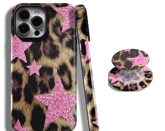 Pink Glitter Leopard Print iPhone Case with iPhone 17, 16, 15, 14, 13, 12, 11, Pro Max and Samsung Galaxy S25, S24, S23, S22, S21