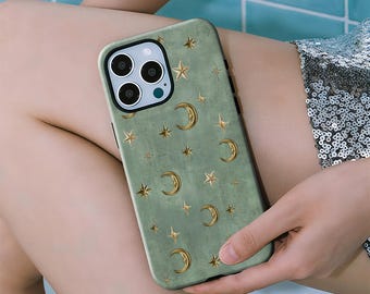 Green Celestial Phone Case, Moon and Stars Magic Cover, Vintage Mystical Aesthetic, iPhone 17 16 15 14 13 12 11 Pro Max, Samsung S26 S25