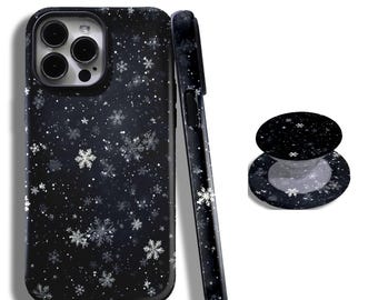White snowflake phone case, Christmas-themed cover with iPhone 17 16 15 14 13 12 11 Plus Pro Max MagSafe S25 S24 S23 S22 Plus and Ultra.
