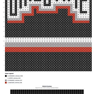 May include: A KozyGrid pattern with the text "OHIO STATE" in a pixelated design. The pattern uses black, white, gray, and red squares. The image includes a color legend and a stitch preview.
