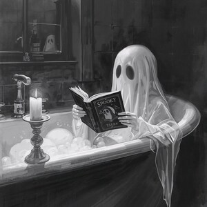 Op de afbeelding: Zwart-wit illustratie van een geest in een badkuip die een boek leest met de titel "Spooky Tales". Een brandende kaars staat op een decoratieve houder. De scène omvat een raam met een spiegelbeeld van de geest en een kraan.