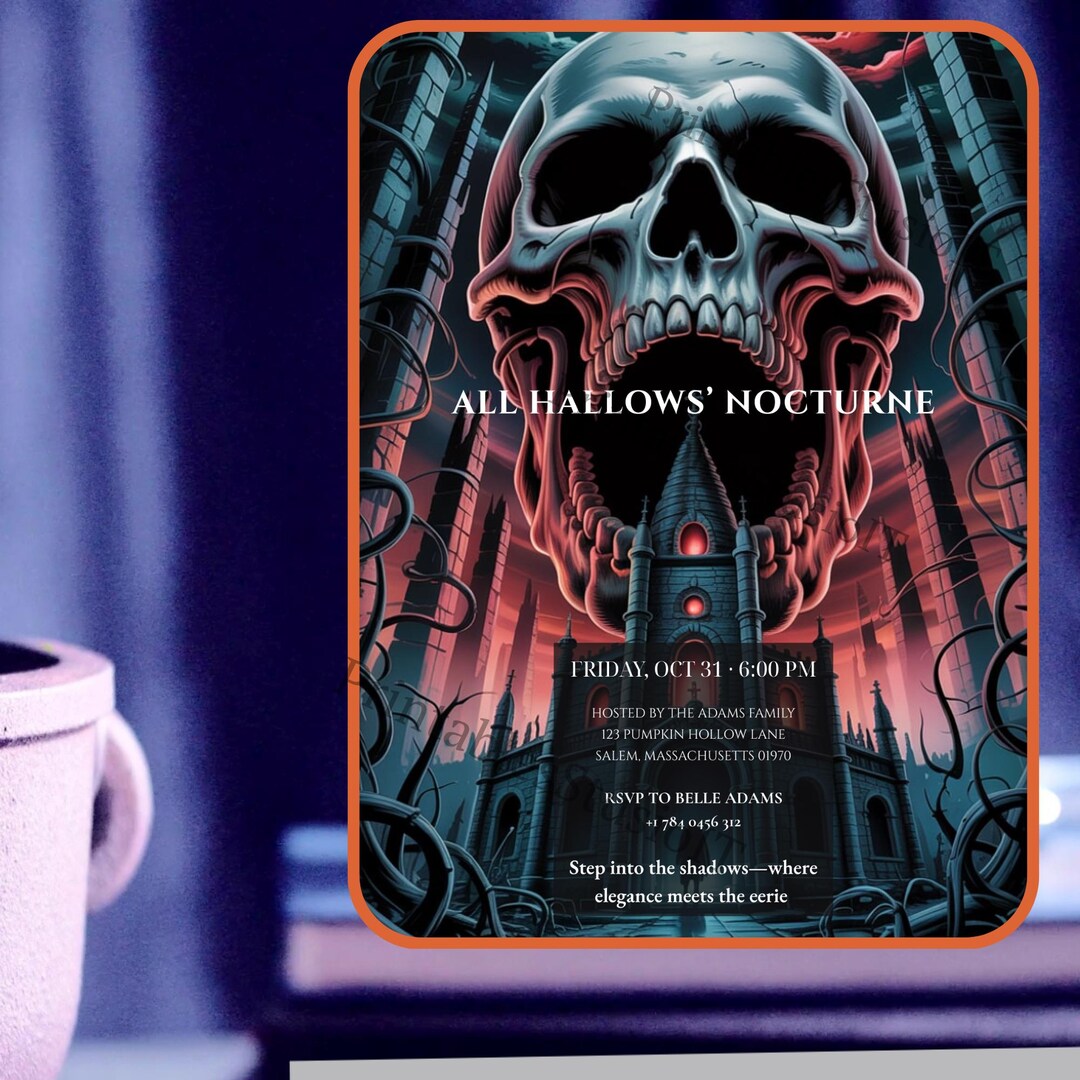 Editable Gothic Skull Invitation Canva Template Printable Halloween