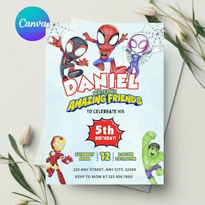 May include: A birthday invitation featuring Spider-Man characters. The invitation reads "DANIEL INVITES HIS AMAZING FRIENDS TO CELEBRATE HIS 5TH BIRTHDAY!" with event details. The design includes illustrations of Spider-Man, Iron Man, and the Hulk.