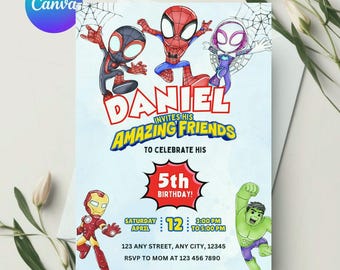 Edytowalne zaproszenie na przyjęcie urodzinowe z motywem akwareli Spidey i jego niesamowitych przyjaciół | Szablon zaproszenia urodzinowego Superbohatera Canva | Natychmiastowe pobranie