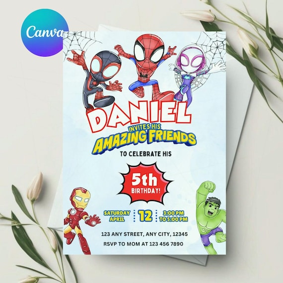 Editable Watercolor Spidey and his Amazing Friends Birthday Party Invitation | Superhero Birthday Invite Canva Template | Instant Download