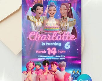 kpop Birthday Invitation | Kpop Demon Hunters Birthday Invitation Template Editable Canva Template | Kpop Anime Invite | Printable Cards