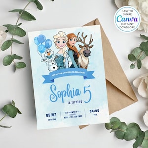 May include: A light blue invitation card featuring characters from the movie Frozen, including Elsa, Anna, Olaf, and Sven. The card is for a birthday celebration, with the name "Sophia" and the number "5" prominently displayed. Includes event details.