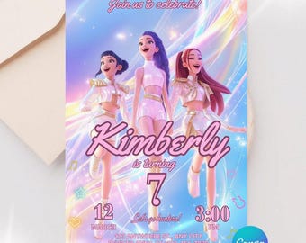 kpop Birthday Invitation | Kpop Demon Hunters Birthday Invitation Template Editable Canva Template | Kpop Anime Invite | Printable Cards