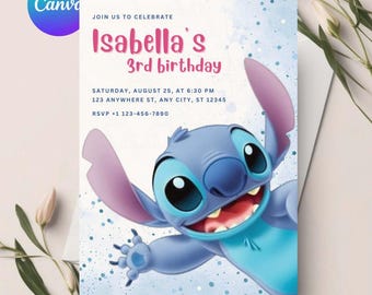 Stitch Editable Birthday Invitation Template, Printable Birthday Invitations, Digital Kids Party Invite, Digital Bday Card Invite, Stitch