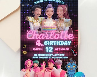 kpop Birthday Invitation | Kpop Demon Hunters Birthday Invitation Template Editable Canva Template | Kpop Anime Invite | Printable Cards