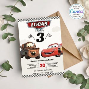 May include: A white invitation card with a Cars theme, featuring the text "LUCAS is turning 3". The card includes illustrations of Mater and Lightning McQueen. The invitation also has event details.