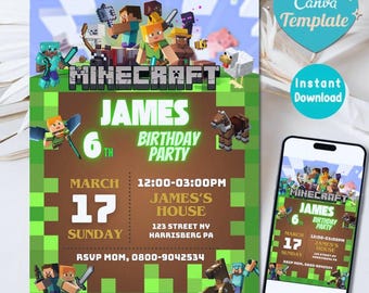 Birthday Invitation Minecrafter editable, Minecrafter birthday Invite instant download, Birthday Invitation theme Minecrafter, Game invite