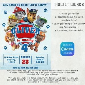 K&ouml;nnte beinhalten: Eine blaue und wei&szlig;e Geburtstagseinladung mit Zeichentrickfiguren. Die Einladung enth&auml;lt den Text "ALL PAWS ON DECK! LET'S PAWTY!" und "OLIVER wird 4". Sie enth&auml;lt auch Veranstaltungsdetails: Datum, Uhrzeit und Ort.