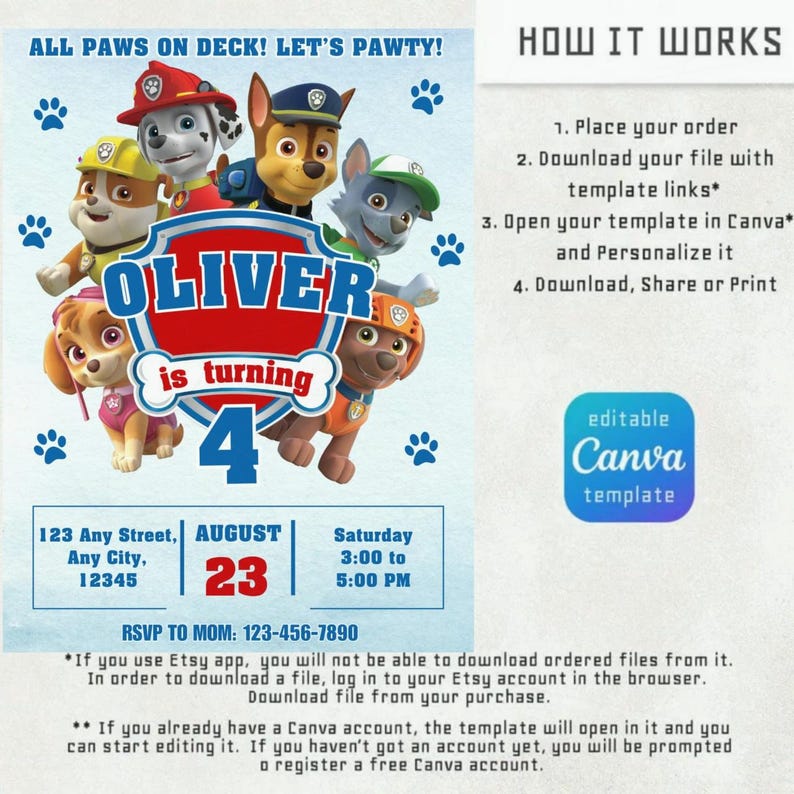 K&ouml;nnte beinhalten: Eine blaue und wei&szlig;e Geburtstagseinladung mit Zeichentrickfiguren. Die Einladung enth&auml;lt den Text "ALL PAWS ON DECK! LET'S PAWTY!" und "OLIVER wird 4". Sie enth&auml;lt auch Veranstaltungsdetails: Datum, Uhrzeit und Ort.