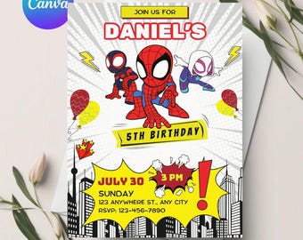 Editable Watercolor Spidey and his Amazing Friends Birthday Party Invitation | Superhero Birthday Invite Canva Template | Instant Download