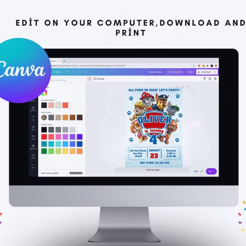 K&ouml;nnte beinhalten: Ein Computerbildschirm zeigt eine Canva-Designoberfl&auml;che mit einer Geburtstagseinladung. Die Einladung enth&auml;lt den Text "ALL PAWS ON DECK! LET'S PAWTY!" und "OLIVER wird 4". Das Design enth&auml;lt Paw Patrol-Charaktere.