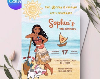 Editable Moana Birthday Invitation | Kids Theme Party Invitation Template | Digital Hawaiian Moana Birthday Invite | Instant Download