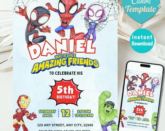 Editable Watercolor Spidey and his Amazing Friends Birthday Party Invitation | Superhero Birthday Invite Canva Template | Instant Download