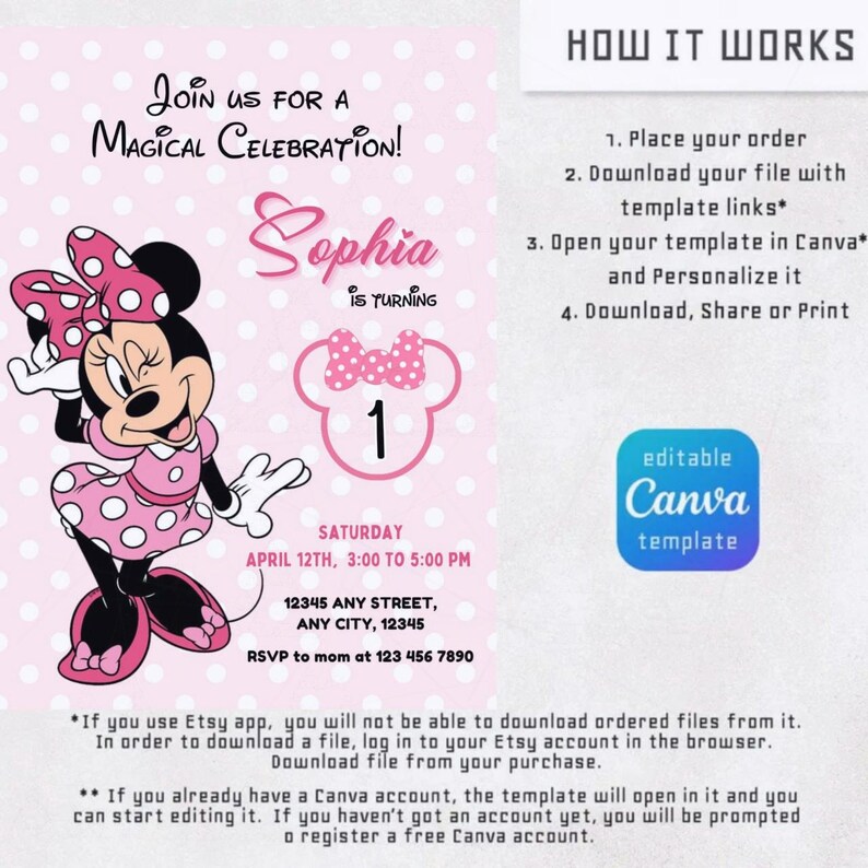 Editable Pink Minnie Mouse Birthday Invitation, Watercolor Girls ...