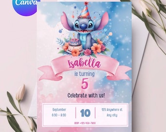 Stitch Birthday Invite Printable Stitch Template Invitation Party Invitation for Boy Girl Birthday Celebration Editable Canva Template