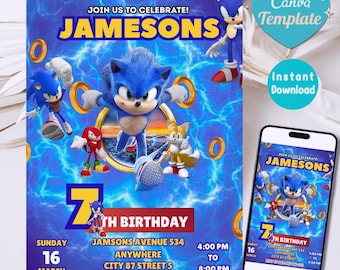 Invitación de cumpleaños de Sonic para fiesta infantil, invitación para fiesta de Sonic el Erizo, cumpleaños editable de Sonic 3 para niñas, descarga instantánea