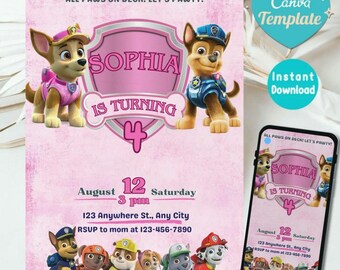 Editable Paw-ty Birthday Invitation Template, Kids Party Invitation, Puppy Patrol Pup Boys & Girls Bday, Instant Download