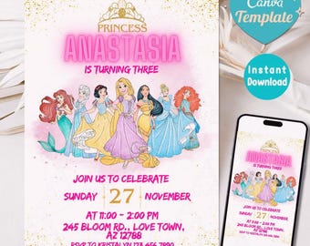 Watercolor Princess Birthday Invitation, Editable Girls Party Invite, Printable Template, Digital Download