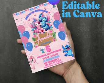 Stitch and Angel Birthday Invitation, Editable Stitch Birthday Invitation, Digital Party Invite, Stitch Birthday Party Invitation Printable