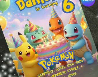 Zaproszenie urodzinowe Pokemon, natychmiastowe pobranie, cyfrowe zaproszenie, karta Pokémon, zaproszenie tematyczne na przyjęcie urodzinowe, karta Pokemon Pikachu