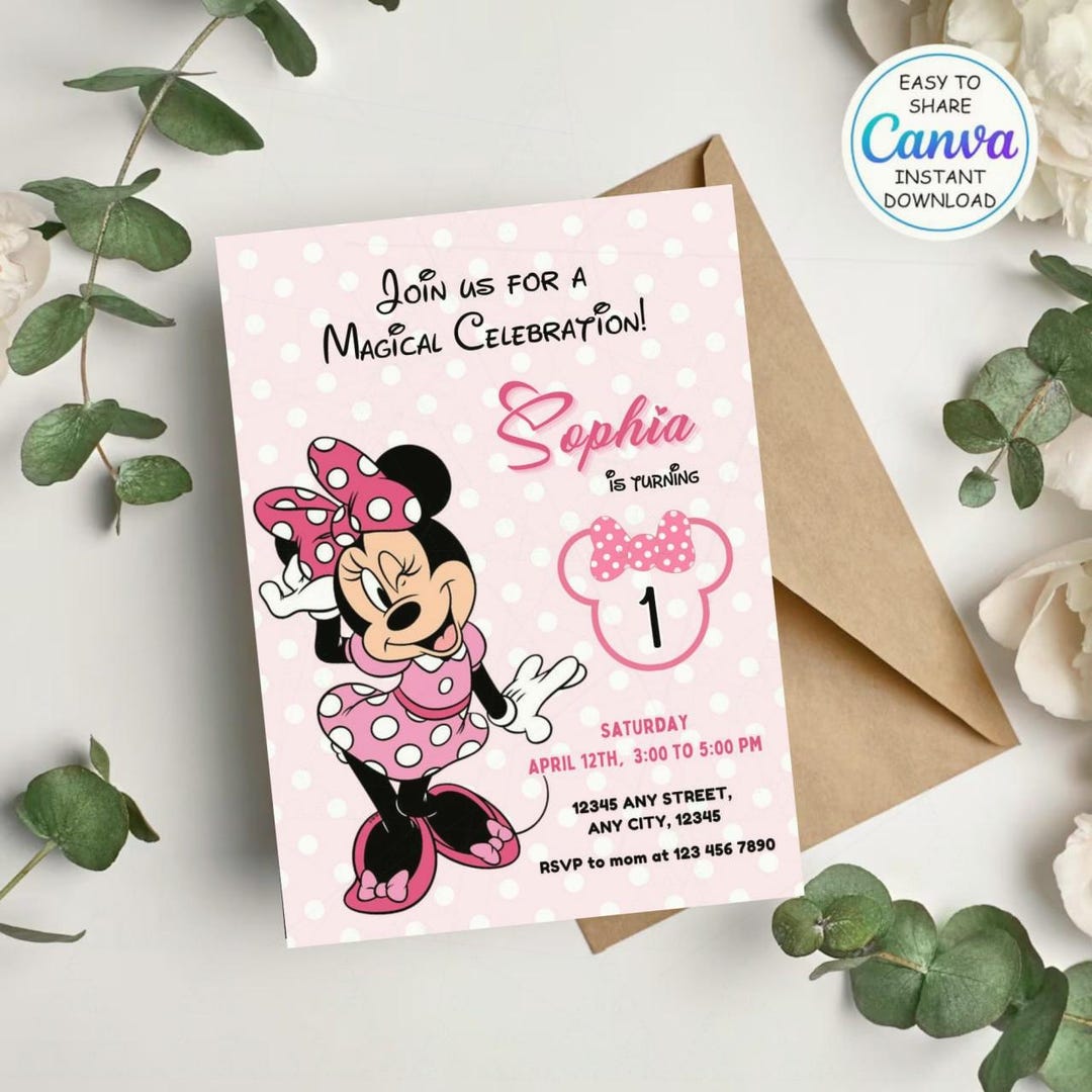 Editable Pink Minnie Mouse Birthday Invitation, Watercolor Girls ...
