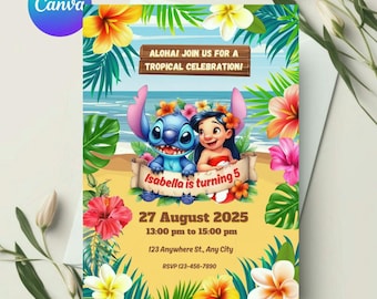 Editable Stitch Birthday Invitation, Printable Cute Stitch Party Invite, Stitch & Lilo Girls Birthday Party Invite, Canva Instant Download