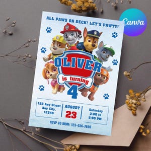 K&ouml;nnte beinhalten: Eine hellblaue Geburtstagseinladung mit den Paw Patrol-Charakteren. Die Einladung enth&auml;lt den Namen "Oliver" und die Zahl "4". Der Text "All Paws on Deck! Let's Pawty!" steht oben. Datum und Uhrzeit der Party sind ebenfalls angegeben.
