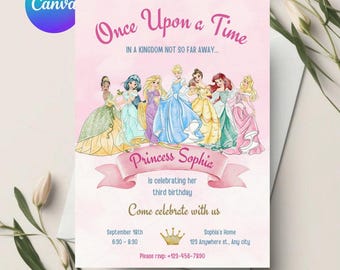 Four Ever A Princess verjaardagsuitnodiging Fourever A Princess uitnodiging 4e verjaardag uitnodigen prinsessenfeest Koninklijk thema aquarel BEWERKBAAR
