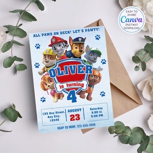 May include: A light blue birthday invitation featuring cartoon characters from Paw Patrol. The invitation reads "Oliver is turning 4" with event details. Includes the text "Easy to Share Canva Instant Download".
