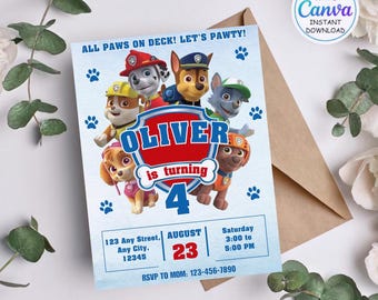 編集可能なPaw-ty誕生日招待状テンプレート、キッズパーティー招待状、Puppy Patrol Pupの男の子と女の子の誕生日、すぐにダウンロード