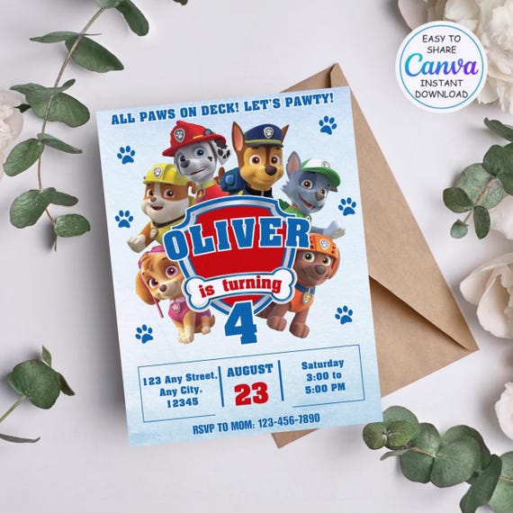 Editable Paw-ty Birthday Invitation Template, Kids Party Invitation, Puppy Patrol Pup Boys & Girls Bday, Instant Download