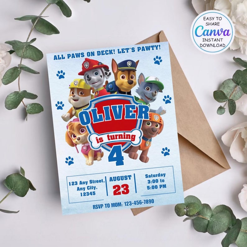 K&ouml;nnte beinhalten: Eine hellblaue Geburtstagseinladung mit Paw Patrol-Charakteren. Die Einladung lautet "Oliver wird 4" mit Veranstaltungsdetails. Enth&auml;lt den Text "Easy to Share Canva Instant Download".
