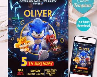 Sonic Geburtstagseinladung für Kinderparty, Sonic The Hedgehog Boys Party einladen, bearbeitbarer Sonic 3 Mädchengeburtstag, Sofort-Download einladen