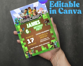 Geburtstagseinladung Minecrafter bearbeitbar, Minecrafter Geburtstag einladen sofortiger Download, Geburtstags-Einladung Thema Minecrafter, Spiel einladen