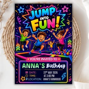 May include: A colorful birthday party invitation with the text "JUMP INTO FUN!" and illustrations of children jumping on trampolines. The invitation includes details for Anna's birthday: date, time, and location.