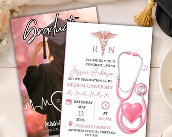 Puede incluir: Anuncio de graduación con un diseño de estetoscopio rosa y el texto "Jessica Anderson". La invitación proporciona detalles para una ceremonia de graduación de la Universidad de Medicina, incluyendo la fecha, hora y dirección.