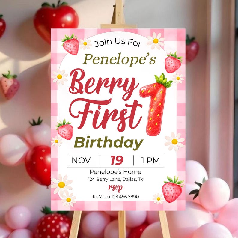 Editable Berry First Birthday Invitation Canva, Strawberry 1st Birthday ...