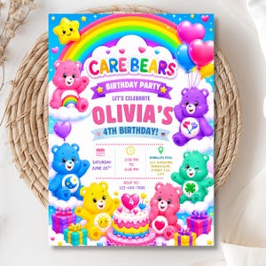 May include: A Care Bears birthday party invitation for Olivia's 4th birthday. The design features a rainbow, clouds, and colorful bears. Text includes date, time, location, and RSVP details. A birthday cake and gift boxes are at the bottom.