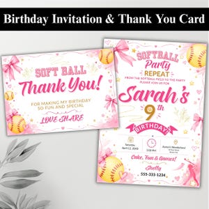 May include: A softball-themed birthday invitation and thank you card set featuring yellow softballs, pink bows, and gold stars. The invitation includes text for Sarah's 9th birthday, party details, and a silhouette of a player with a bat.