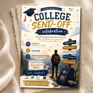 Op de afbeelding: Een uitnodigingskaart voor een college afscheidsfeest met een afstudeerhoed, een persoon met een rugzak voor een berglandschap, een houten wegwijzer met tekst en evenementdetails zoals datum, tijd, locatie en RSVP-informatie.