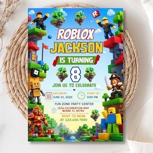 May include: A rectangular birthday party invitation featuring a blue sky background with floating islands and block-style characters. Text reads: ROBLOX JACKSON IS TURNING 8, JOIN US TO CELEBRATE, SATURDAY JUNE 21, 2026, START AT 8:00 PM, FUN ZONE PARTY CENTER, 1234 CELEBRATION WAY MIAMI, FL 56789, RSVP TO MOM AT 123-456-7890.